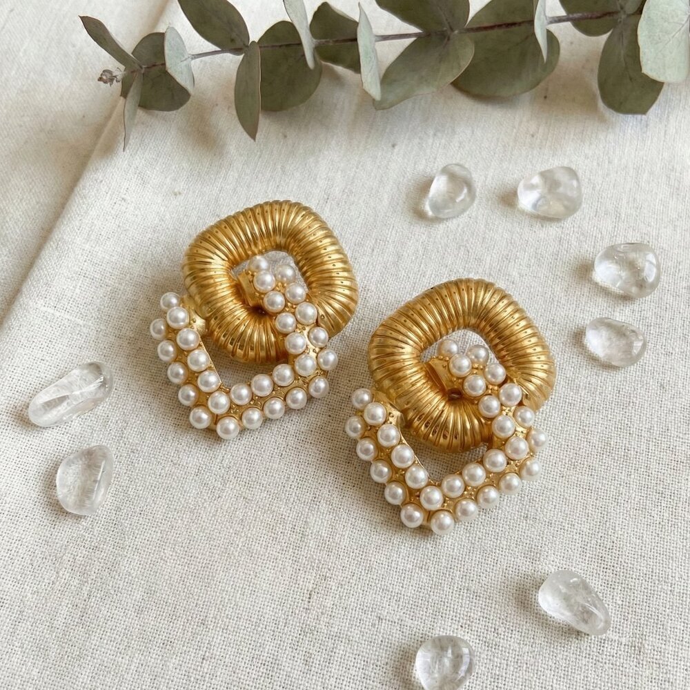 18K Gold Plated Stainless Steel Pearl Square Geometric Chunky Statement Earrings